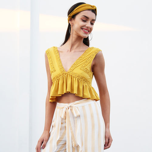 Summer Song Yellow Frill Wrap Front Crop Top - Fashion Genie Boutique