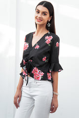 Berry Blast Black Floral Frill Top - Fashion Genie Boutique