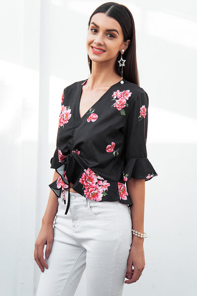 Berry Blast Black Floral Frill Top - Fashion Genie Boutique