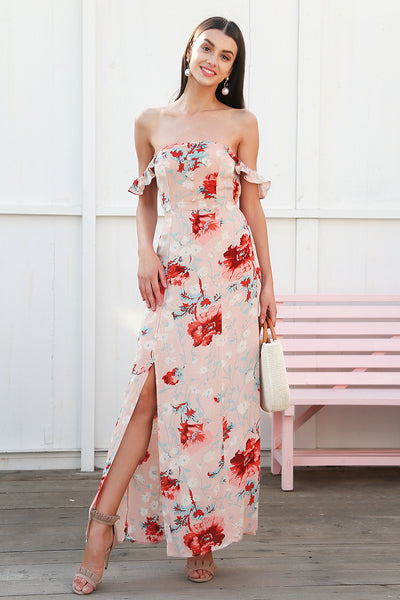 Sweet Romance Nude Floral Bardot Maxi Dress - Fashion Genie Boutique