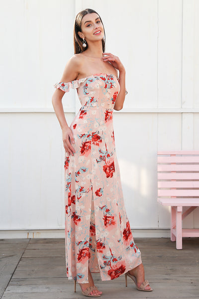 Sweet Romance Nude Floral Bardot Maxi Dress - Fashion Genie Boutique