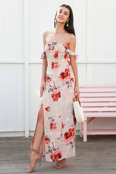 Sweet Romance Nude Floral Bardot Maxi Dress - Fashion Genie Boutique