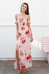 Sweet Romance Nude Floral Bardot Maxi Dress - Fashion Genie Boutique