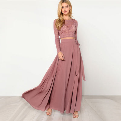 Enchanted Rose Long leeve Lace Top & Maxi Skirt Co-Ord - Fashion Genie Boutique