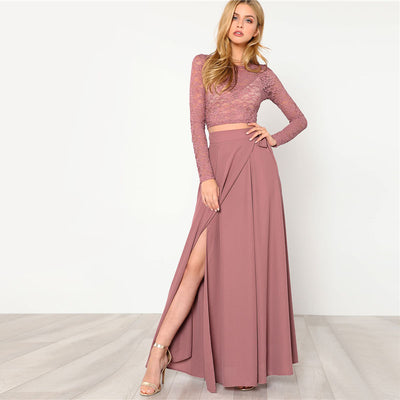Enchanted Rose Long leeve Lace Top & Maxi Skirt Co-Ord - Fashion Genie Boutique