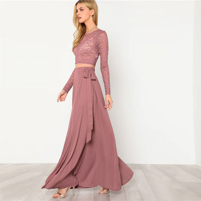 Enchanted Rose Long leeve Lace Top & Maxi Skirt Co-Ord - Fashion Genie Boutique
