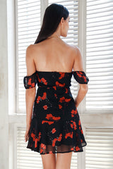 Ellison Black Floral Print Bardot Dress - Fashion Genie Boutique
