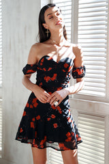Ellison Black Floral Print Bardot Dress - Fashion Genie Boutique