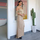 Dream Come True Gold Bardot Glitter Embellished Maxi Dress - Fashion Genie Boutique