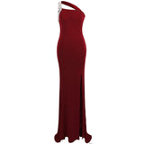 RSVP Burgundy One Shoulder Sequin Slit Maxi Gown Dress - Fashion Genie Boutique