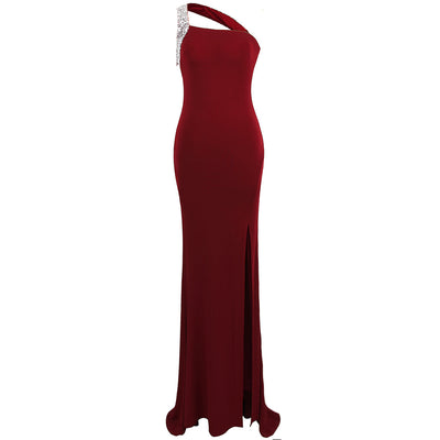 RSVP Burgundy One Shoulder Sequin Slit Maxi Gown Dress - Fashion Genie Boutique