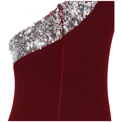 RSVP Burgundy One Shoulder Sequin Slit Maxi Gown Dress - Fashion Genie Boutique