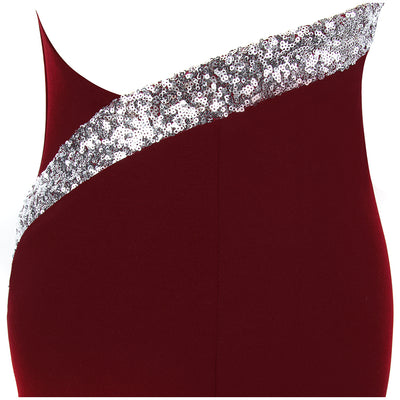 RSVP Burgundy One Shoulder Sequin Slit Maxi Gown Dress - Fashion Genie Boutique