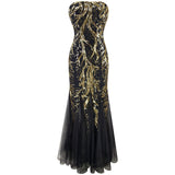 Ariel Sarah Gold & Black Sequin Fishtail Maxi Gown Dress - Fashion Genie Boutique