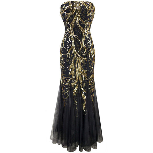 Ariel Sarah Gold & Black Sequin Fishtail Maxi Gown Dress - Fashion Genie Boutique
