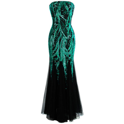 Ariel Sarah Green & Black Sequin Fishtail Maxi Gown Dress - Fashion Genie Boutique