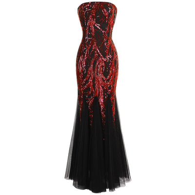 Ariel Sarah Red & Black Sequin Fishtail Maxi Gown Dress - Fashion Genie Boutique