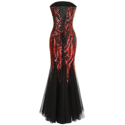 Ariel Sarah Red & Black Sequin Fishtail Maxi Gown Dress - Fashion Genie Boutique