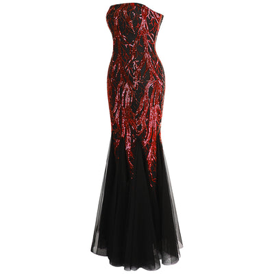 Ariel Sarah Red & Black Sequin Fishtail Maxi Gown Dress - Fashion Genie Boutique