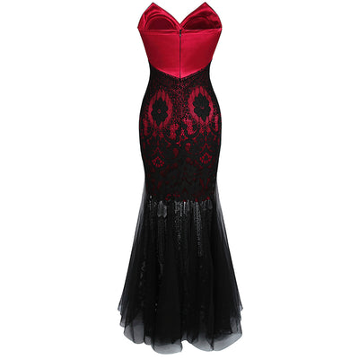 Drawn To You Black & Red Strapless Tulle Maxi Gown Dress - Fashion Genie Boutique