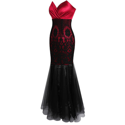 Drawn To You Black & Red Strapless Tulle Maxi Gown Dress - Fashion Genie Boutique