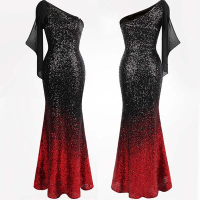 Oh My Posh Black & Red Sequin Gradient One Shoulder Maxi Gown Dress - Fashion Genie Boutique