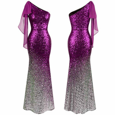 Oh My Posh Pink & Silver Sequin Gradient One Shoulder Maxi Gown Dress - Fashion Genie Boutique