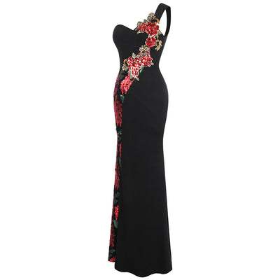 Rose Gal Black Sequin Embroidered One Shoulder Maxi Gown Dress - Fashion Genie Boutique