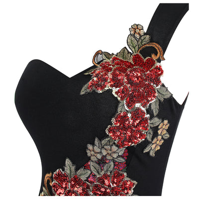 Rose Gal Black Sequin Embroidered One Shoulder Maxi Gown Dress - Fashion Genie Boutique