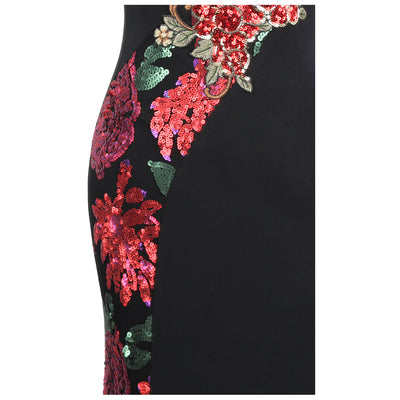 Rose Gal Black Sequin Embroidered One Shoulder Maxi Gown Dress - Fashion Genie Boutique
