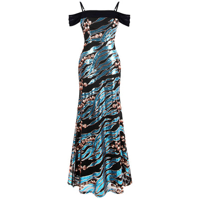 Wild Love Blue & Black Animal Print Sequin Maxi Gown Dress - Fashion Genie Boutique