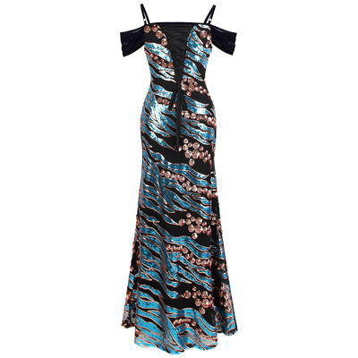 Wild Love Blue & Black Animal Print Sequin Maxi Gown Dress - Fashion Genie Boutique