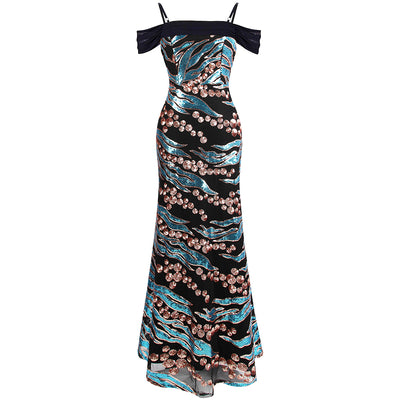 Wild Love Blue & Black Animal Print Sequin Maxi Gown Dress - Fashion Genie Boutique