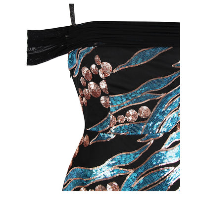 Wild Love Blue & Black Animal Print Sequin Maxi Gown Dress - Fashion Genie Boutique