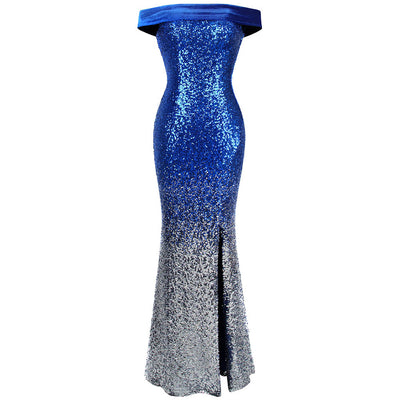 Mystic Queen Blue Bardot Gradient Maxi Gown Dress - Fashion Genie Boutique