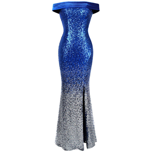 Mystic Queen Blue Bardot Gradient Maxi Gown Dress - Fashion Genie Boutique