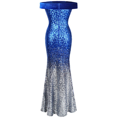 Mystic Queen Blue Bardot Gradient Maxi Gown Dress - Fashion Genie Boutique
