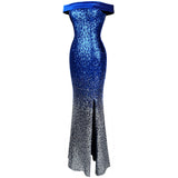 Mystic Queen Blue Bardot Gradient Maxi Gown Dress - Fashion Genie Boutique