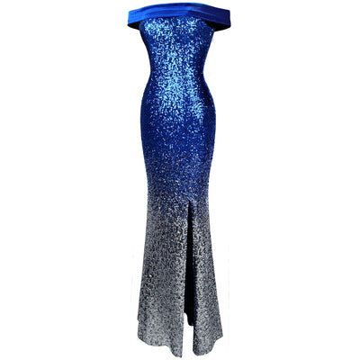 Mystic Queen Blue Bardot Gradient Maxi Gown Dress - Fashion Genie Boutique