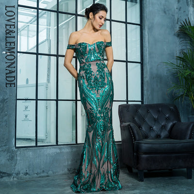 Sweetheart Green Bardot Sequin Maxi Fishtail Dress - Fashion Genie Boutique
