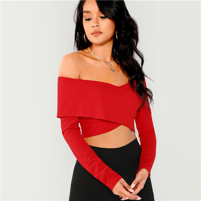 Sunny Sally Black Bardot Long Sleeve Crop Top - Fashion Genie Boutique