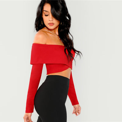 Sunny Sally Black Bardot Long Sleeve Crop Top - Fashion Genie Boutique