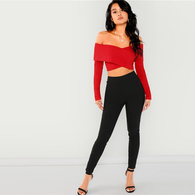 Sunny Sally Black Bardot Long Sleeve Crop Top - Fashion Genie Boutique