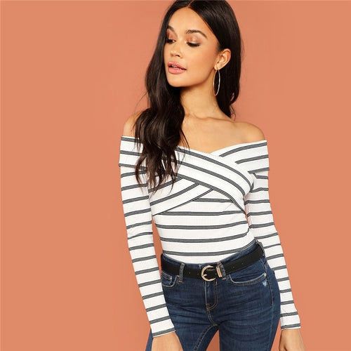 Hot Stuff White & Black Bardot Long Sleeve Top - Fashion Genie Boutique