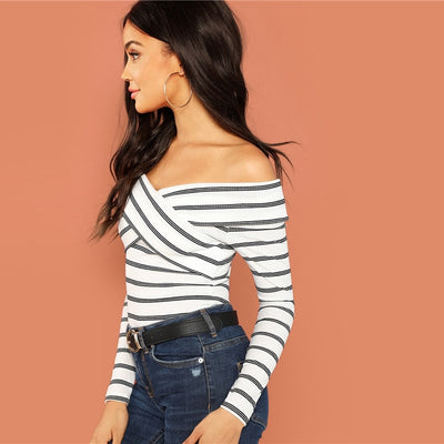 Hot Stuff White & Black Bardot Long Sleeve Top - Fashion Genie Boutique