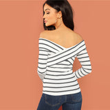 Hot Stuff White & Black Bardot Long Sleeve Top - Fashion Genie Boutique