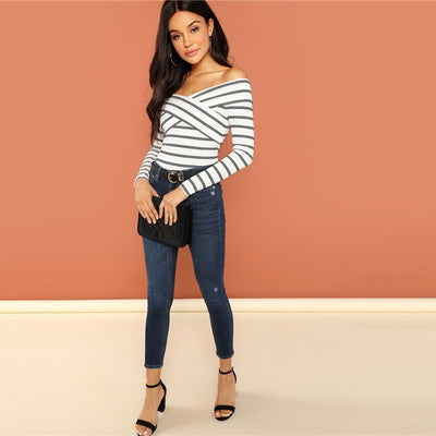 Hot Stuff White & Black Bardot Long Sleeve Top - Fashion Genie Boutique