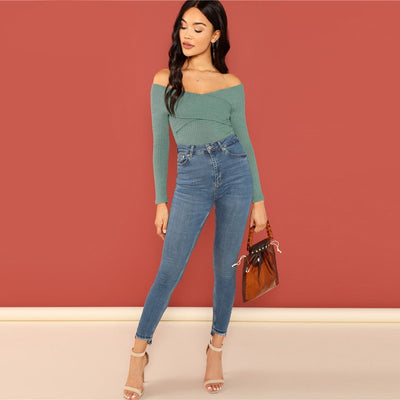 Good One Green Bardot Long Sleeve Bodysuit - Fashion Genie Boutique