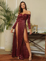 So Lavish Wine Red Sequin Bardot Double Split Maxi Dress - Fashion Genie Boutique