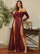 So Lavish Wine Red Sequin Bardot Double Split Maxi Dress - Fashion Genie Boutique